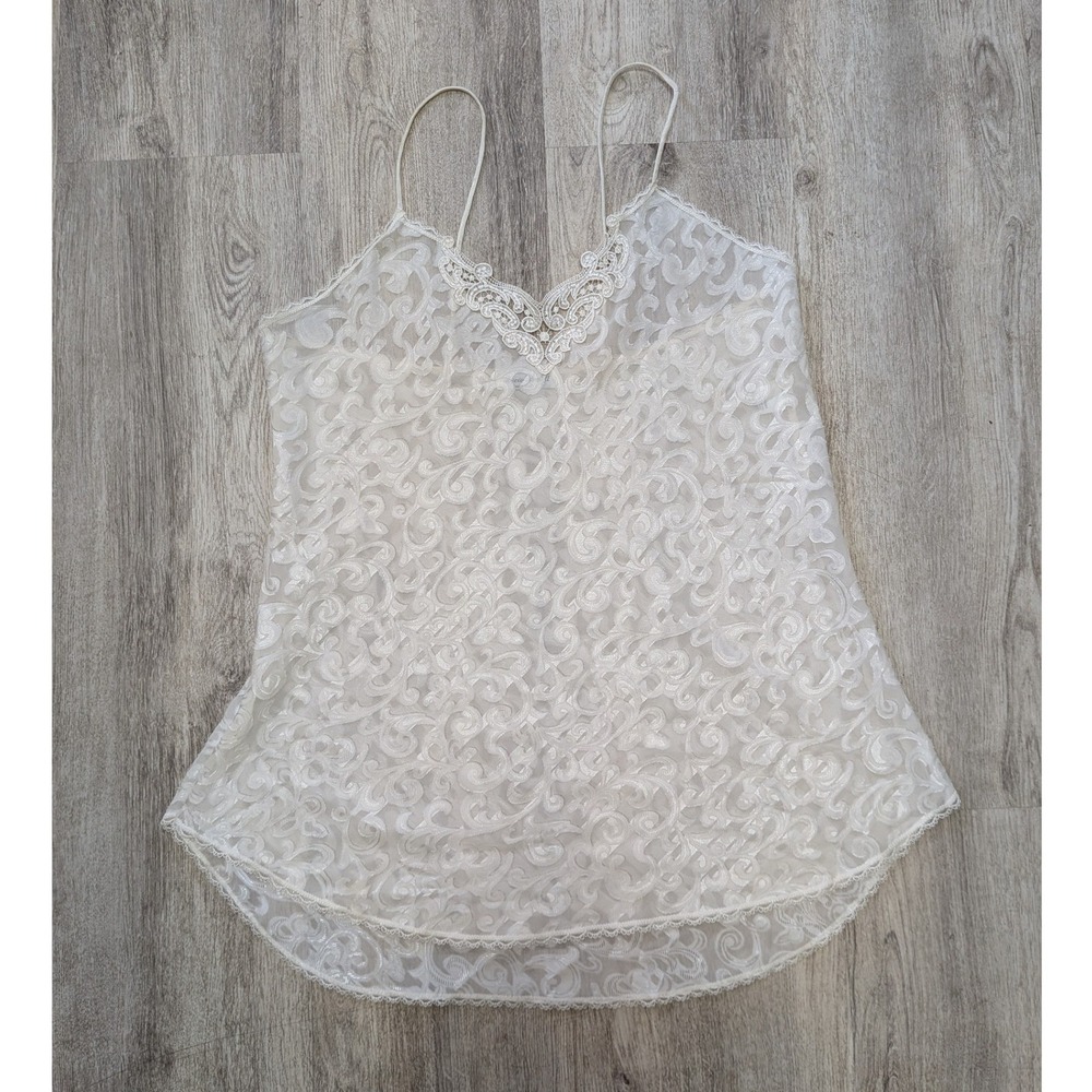 1980s Vintage Lucie Ann II Ivory Burnout Scroll Lace Mini Slip Bridal Size Large